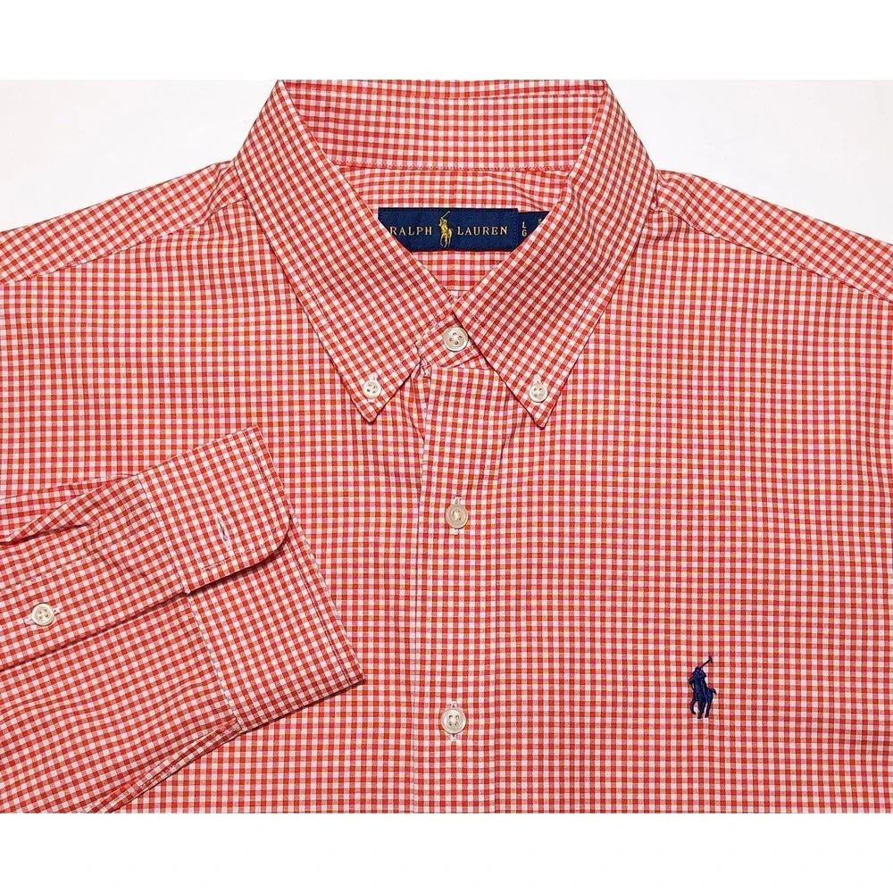 POLO RALPH LAUREN Long Sleeve Button Shirt Orange Checks Large L